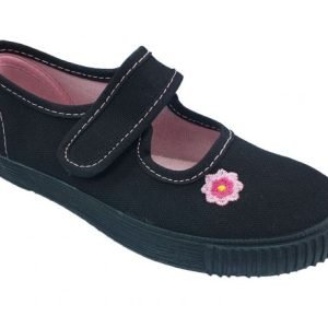 Girls Black Pumps With Pink Flower, Contrast Insole And Stitching