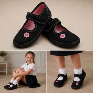 Girls Black Pumps With Pink Flower, Contrast Insole And Stitching
