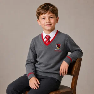 St George's C of E School grey V-neck school jumper with embroidered logo and red trim, premium British primary school uniform knitwear.
