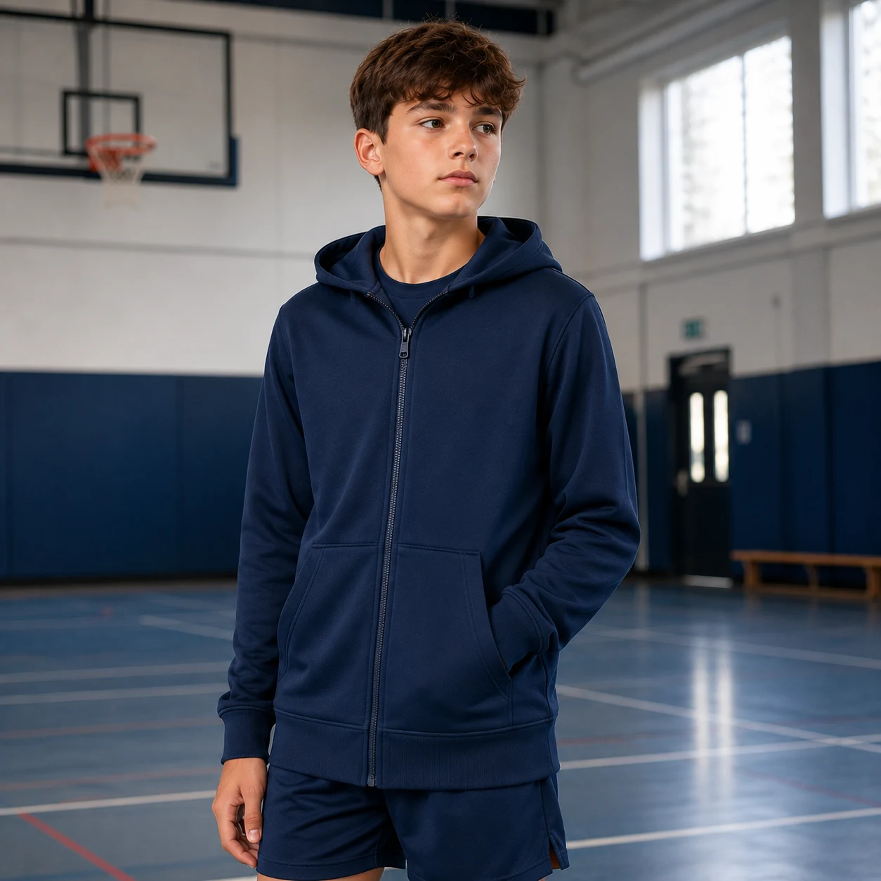 Plain Navy zipped PE hoodie - Image 3